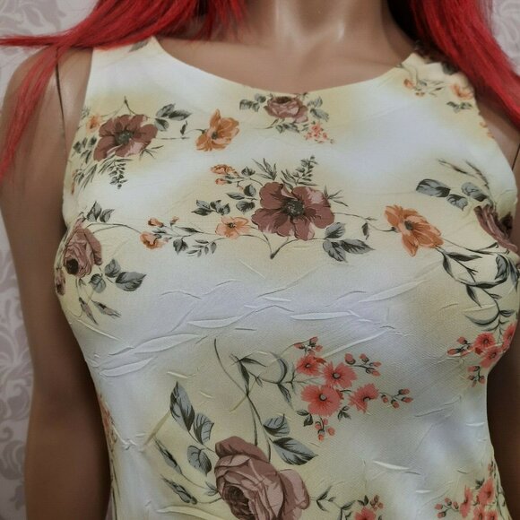 Vintage 90s Floral Dress Size S Sleeveless Crinkle Fabric Beige Brown Above Knee - Picture 3 of 11